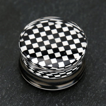 Detail View 1 of A Pair of Classic Checker Inlay Double Flared Ear Gauge Plug-Black
